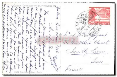 Gstaad, Dorfstrasse com Capela de São Nicolau — Foto Franz Williger, n° 3546 — Verso