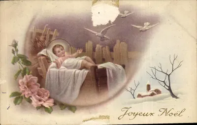 Narodzenie — scenka świąteczna z ptakiem i różami — wydawca nieznany
