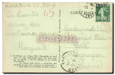 Bernadette Soubirous — cena na Gruta de Massabielle — Fototipia Maurice Tesson, 23 de fevereiro de 1858 — Verso