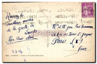 Jaskinia w Lourdes — Wewnętrzna część cudownej jaskini — Wydawnictwo Labouchère, Toulouse, n° 825 — Rewers