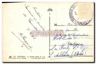 Lourdes — Góra (efekt nocy) — Pod stopami Najświętszej Maryi Panny — 275 — Wydawca: Arts Photomecaniques - Schiltigheim - Paryż — Rewers
