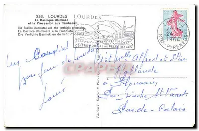 Lourdes — Basílica iluminada e procissão com tochas — Edição Edlux, n°256 — Verso