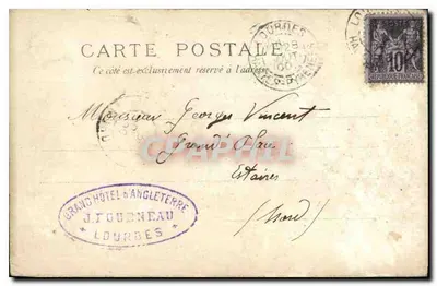 Most Bétharram (Hautes-Pyrénées) — widok mostu nad strumieniem, z wstawką reklamową dla Grand Hôtel d'Angleterre — wydawca J. POURNEAU, numer serii nie widoczny — Rewers