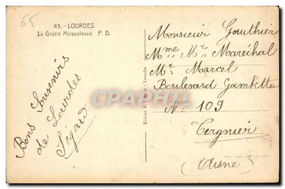 La Grotta Miracolosa — Lourdes — Edizione P. Léger, n° 109 — Verso