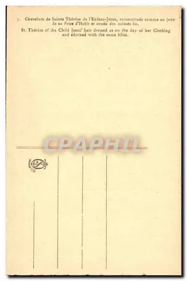 Cabelo de Santa Térèsa da Criança Jesus — reconstituído como no dia de sua Tomada de Vestido — editor VICTOR, n°7 — Verso