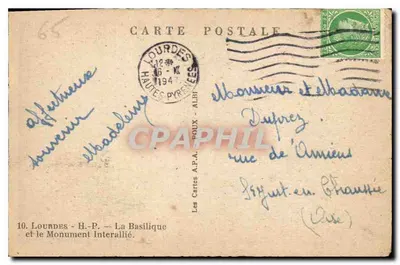 Lourdes - H.-P. — Widok na Bazylikę i Pomnik Interallię — Karty A.P.A. POUX — Rewers