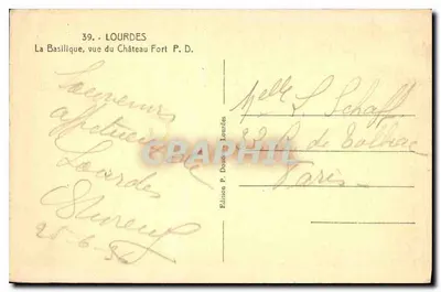 Lourdes — Bazylika widziana z Zamku — Wydawnictwo P. Donné, Lourdes — Rewers