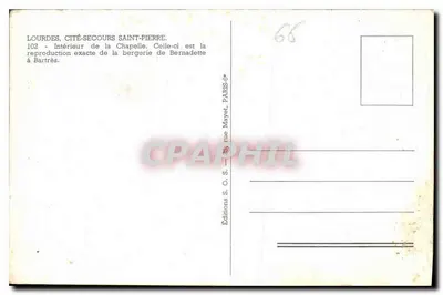 Interior da capela — reprodução exata da cabana de Bernadette em Bartrès — Éditions S. C. S. Paris — Verso