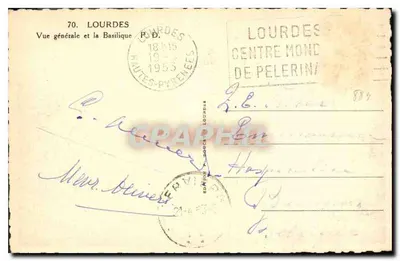Lourdes — Vista generale e la Basilica — Edizione T. Doucet Lourdes — Verso