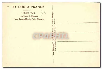 Nîmes (Gard) — Jardim da Fontaine, Vista geral dos Banhos Romanos — Les Éditions d'Art YVCN, Paris — Verso