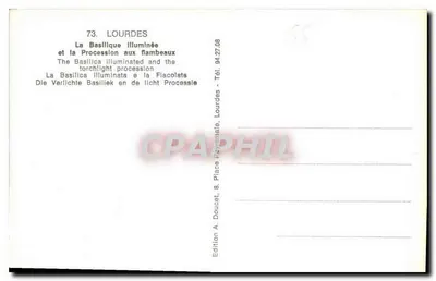 Lourdes — Zabudowania świątyni oświetlone i procesja z latarniami — Wydawnictwo A. Doucet — Rewers