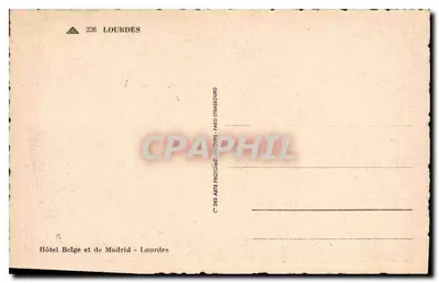 Lembrança de Lourdes — A Gruta, Nossa Senhora de Lourdes e paisagem — Hotel Belga e de Madrid, Lourdes — Verso