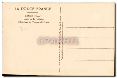 Nîmes (Gard) — Ogród Fontaine, Wewnętrzna część świątyni Diany — Wydawnictwo Sztuki YVON, Paryż — Rewers