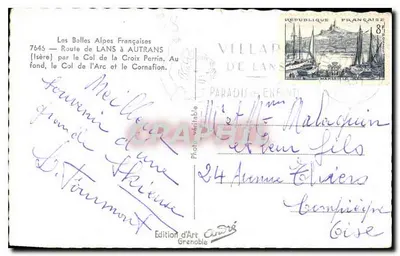 Les Balles Alpes Françaises — Estrada de Lans a Autrans (Isère) pelo Col de la Croix Perrin, no fundo o Col de l'Arc e o Cornafion — Edição de Arte Grenoble — Verso