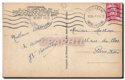 Castelo de Chenonceau — Editor F. G. — N° 11 — Verso