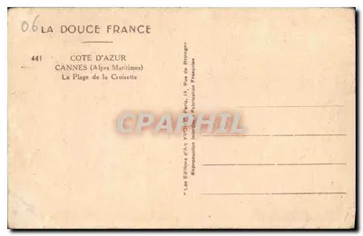 Stara pocztówka Cote d'Azur Cannes Alpes Maritimes plaża Croisette — Rewers