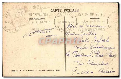 Stara pocztówka Menton ogólne widok z Garavan — Rewers