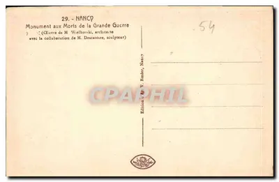 NANCY. Pomnik Upamiętniający Zmarłych z Wielkiej Wojny — Wydanie V. Roder — Rewers