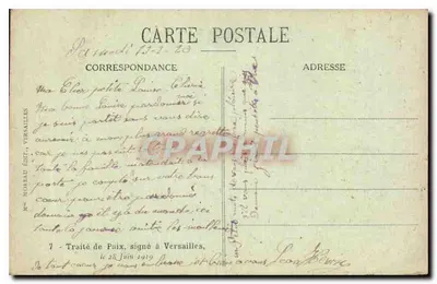 Pałac w VERSAILLES — Ogólny widok Galerii Szykowanej do przyjęcia Pełnomocników — Traktat Pokoju, 28 czerwca 1919 — Rewers