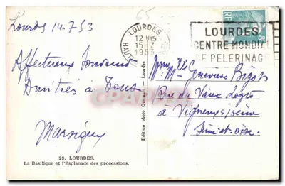 Lourdes — La Basilica e l'Esplanade delle processioni — Edizione Quinault, n°23 — Verso