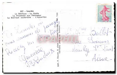 Lourdes — Widok panoramiczny i procesja — Wyd. P. Doucet, nr 207 — Rewers