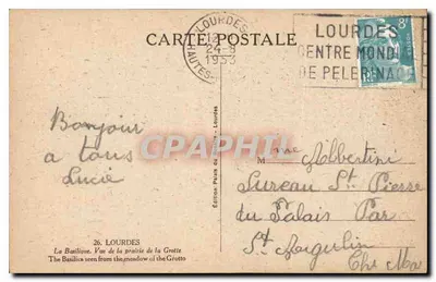 Bazylika widziana z łąki przy jaskini — Lourdes — Wydawnictwo Palais du Salais — Rewers