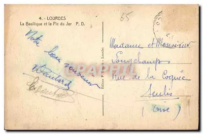 Lourdes — A Basílica e o Pic du Jer — Edição P. Traquet, Lourdes, n° 4 — Verso