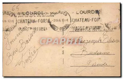 Widok z lotu nad Lourdes — Zamek-Fort — wydawca P. Dozot, Lourdes — Rewers