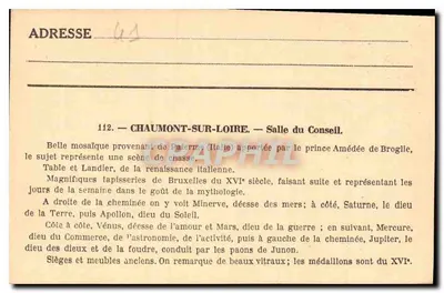 Zamek Chaumont-sur-Loire — Sala Rady z czasów Louisa XII — Wydawnictwo A. Simon, nr 112 — Rewers