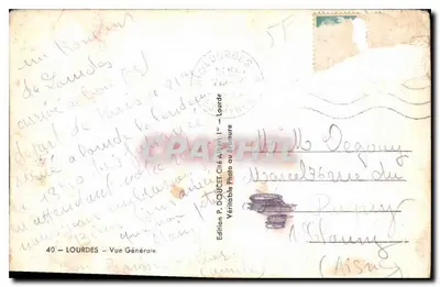 Stara pocztówka Lourdes Ogólny widok — Rewers