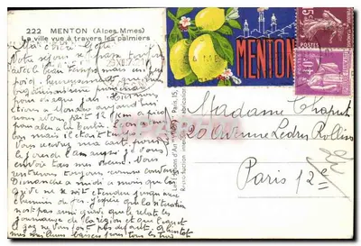 Menton (Alpes-Maritimes) — widok przez palmy — Les Éditions d'Art Vignon, n° 222 — Rewers