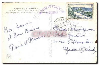 Pont d'Arc — Widok z tarasu Hotelu Labrèche — Wydawca E. Dubois — Rewers