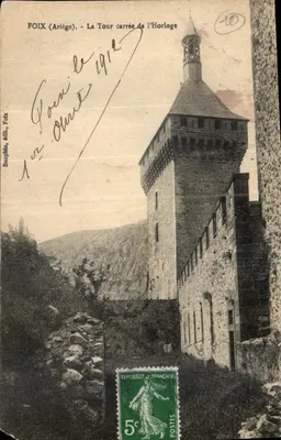 Bilhete postal antigo Foix Ariege a Torre Quadrada da Relógio