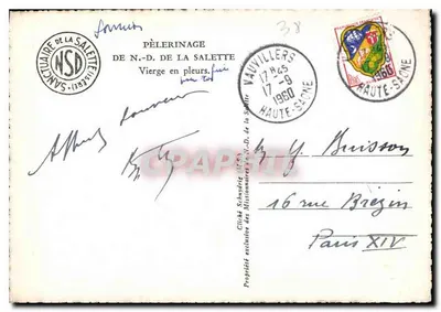 Virgem chorando — Santuário de Nossa Senhora da Salette — NSD, Vauvillers, 1960 — Verso