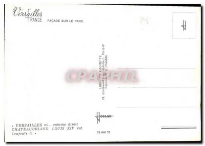 Castelo de Versailles — fachada para o parque — Librairie Hachette — Verso