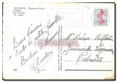 Bougival — Vista panorâmica com igreja, comportas e ponte — Edição Lapie — Verso