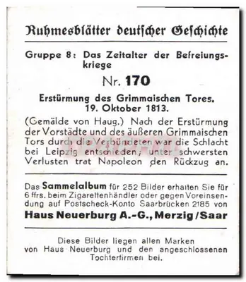 Erstürmung des Grimmaischen Tores — 19. Oktober 1813 — Ruhmesblätter deutscher Geschichte, Gruppe 8, Nr. 170 — Rewers