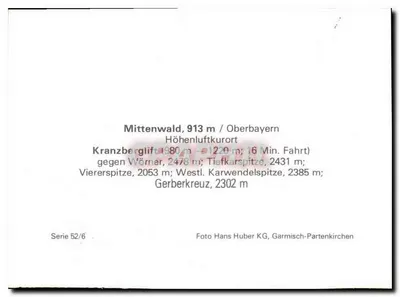 Mittenwald — estação do teleférico Kranzberg — editor Hans Huber KG, série 52/6 — Verso
