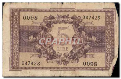 Itália — Bilhete de 5 Lire — Edição 1944, série 047428 — Verso