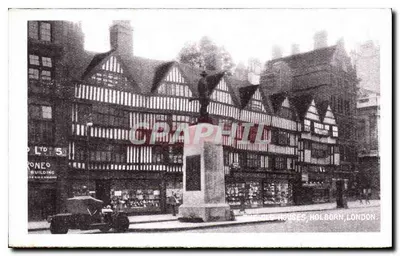 As antigas casas, Holborn, Londres — vista com monumento central e carro antigo
