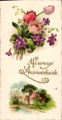 Bouquet de tulipas e violetas — Feliz Aniversário — editor desconhecido