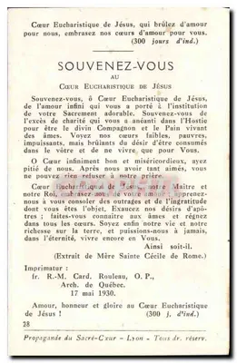 Coração Eucarístico de Jesus — (300 dias de ind.) — Imprimerie R.M. Card. Rouleau, Quebec — Verso