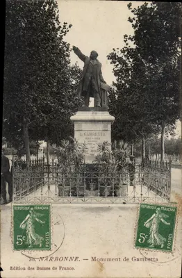 Bilhete postal antigo Narbonne Monument de Gambetta