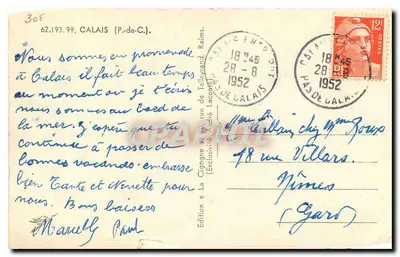 Bilhete postal antigo Calais P de C — Verso
