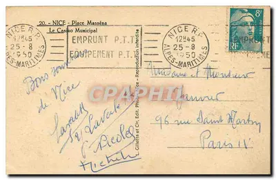 Place Masséna — Nice — Editor L. Gileta e Cie, n°20 — Verso