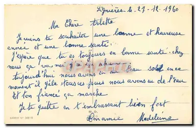 Pejzaż zimowy — zasnieżone wioski z osobą — wydawca BOUG, seria n° 3915 — Rewers