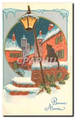 Natal — cena invernal com gato preto — Éditions Autographes, Lyon