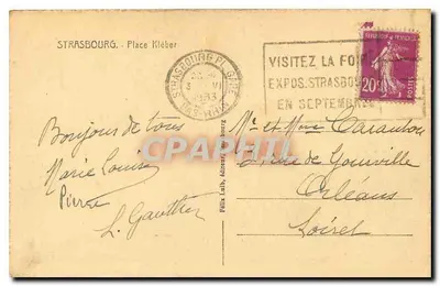 Place Kléber w Strasburgu — widok panoramiczny z katedrą i tramwajami — wydawca Félix Lübb, numer serii nie widoczny — Rewers