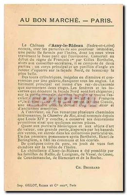 Château d'Azay-le-Rideau — Fachada Norte — Au Bon Marché — Paris. — Verso