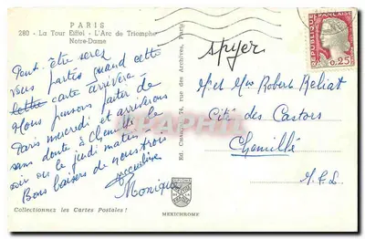 Paris — Torre Eiffel, Arco do Triunfo, Notre-Dame — Éd. MEXICHROME n°280 — Verso
